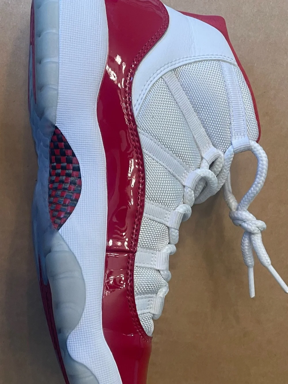 Jordan Kids White & Red Low-Top Sneakers with Glossy Patent Toe